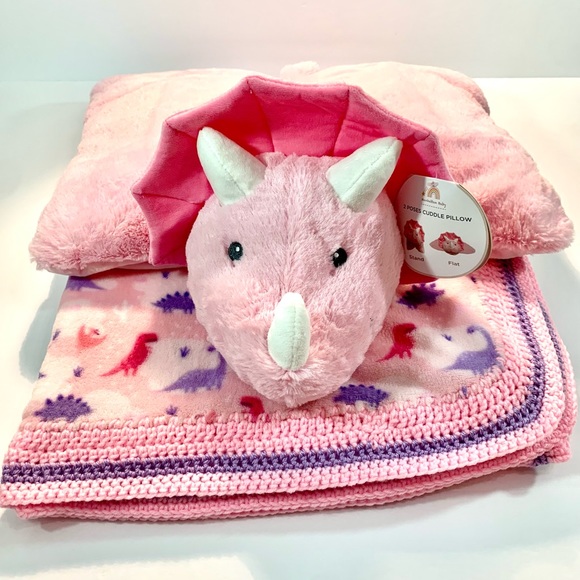 Pink Dinosaur Ceratops Crochet Baby Blanket 3 Piece Gift Set - Picture 2 of 9